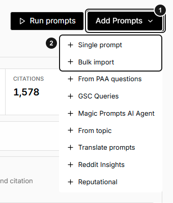 Add Prompts menu showing the Single prompt and Bulk import choices