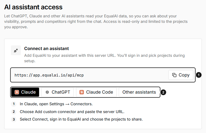AI Assistant Access setup showing the public MCP server URL and assistant instruction tabs with Claude selected
