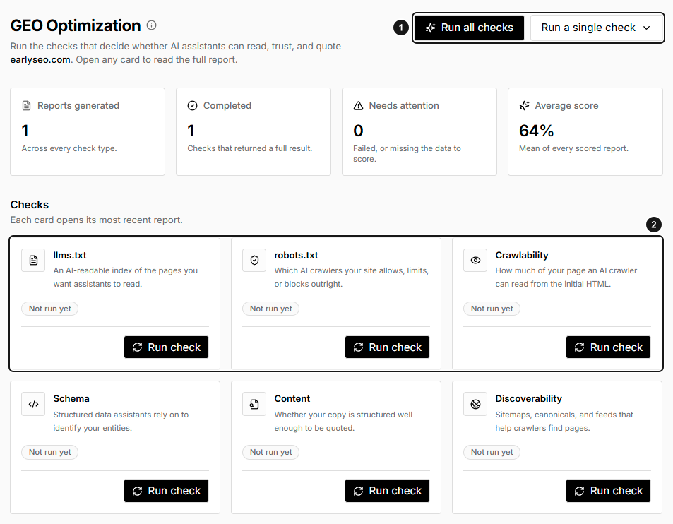 GEO Optimization entry screen with all-check and single-check actions and not-run check statuses marked