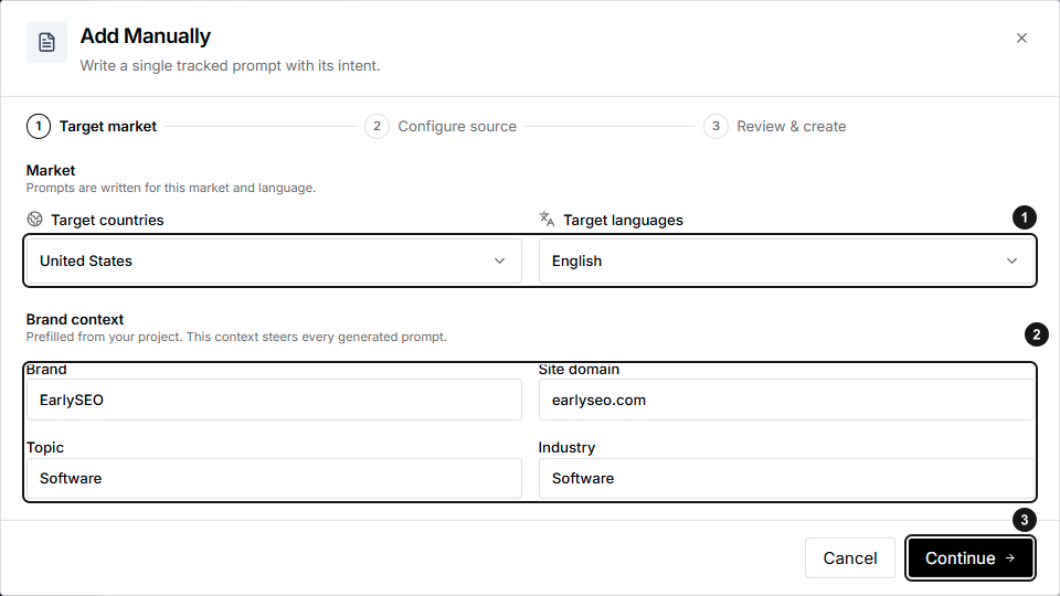 Initial Add Manually Target market step with country and language selectors, prefilled EarlySEO brand context, and Continue marked