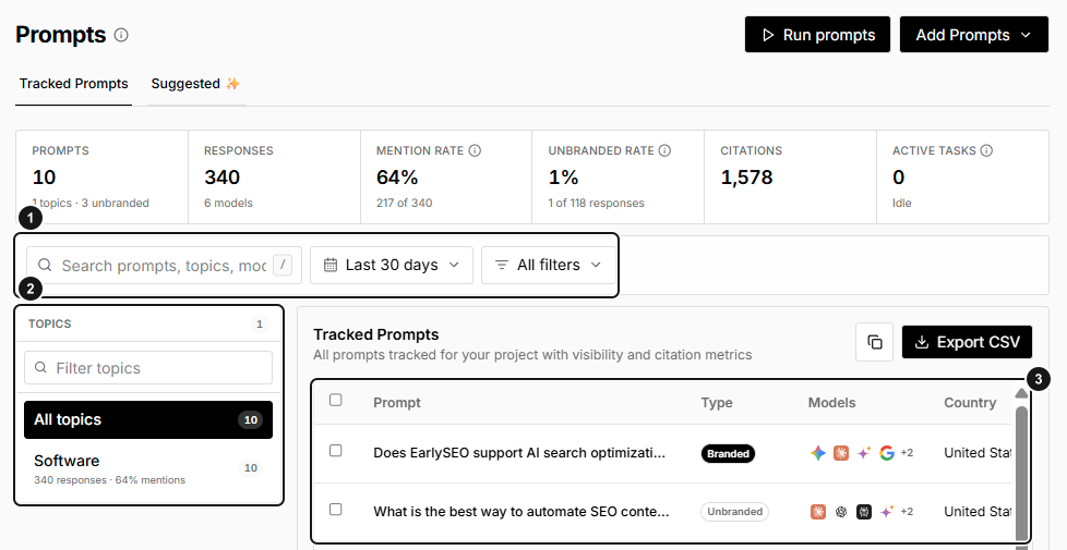 EarlySEO tracked prompts with search and filters, topic selection, and prompt rows marked