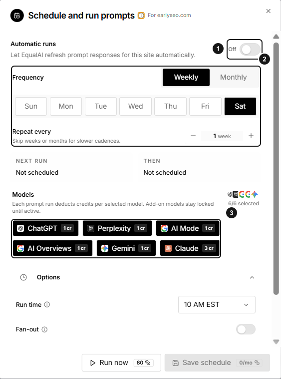 Schedule and run prompts dialog with automatic runs Off, cadence controls, and selected model credit costs marked